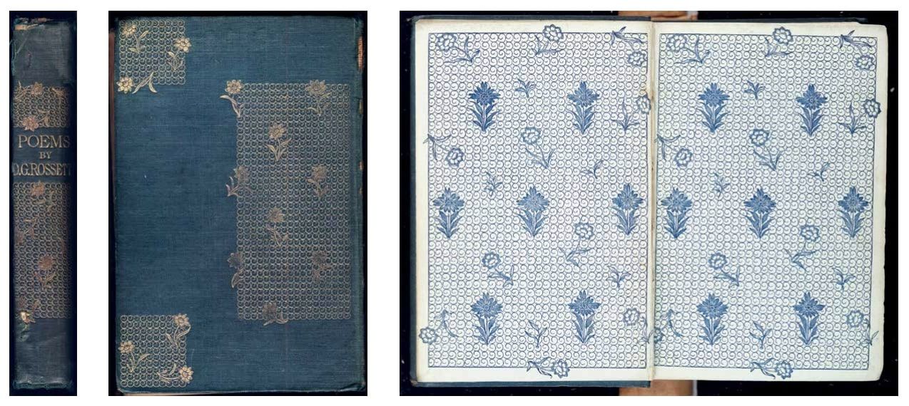 A kihantolt versek első kiadásának gerince, borítója és a borítót belülről díszítő mintája